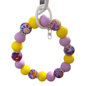 Beaded Bracelet Keychain with Vibrant Yellow, Purple & Paisley Beads